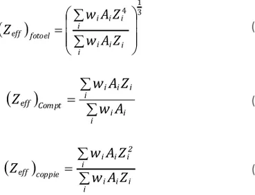 Tabella	3.1	-	Numeri	atomici	efficaci,	Z eff ,	(valori	approssimativi)	relativi	ai	diversi	tipi	 di	 interazione	 (effetto	 fotoelettrico,	 Compton	 e	 creazione	 di	 coppie)	 per	 vari	 materiali	di	interesse	dosimetrico	e	per	alcuni	rivelatori	caratteriz