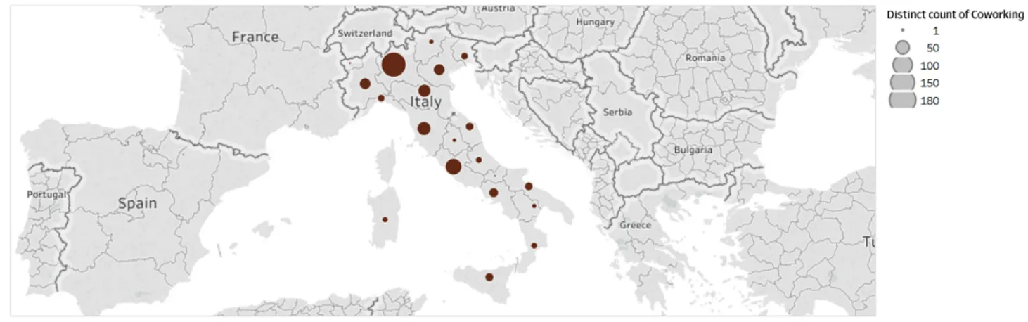 Figura 6: Distribuzione dei coworking in Italia su base regionale – Tableau Public 