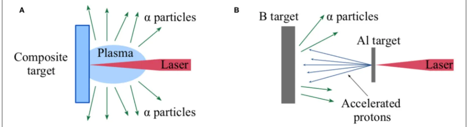 FIGURE 2 | Schematic drawings of “scheme 1” (A) and “scheme 2” (B) for producing fusion reactions described in the text