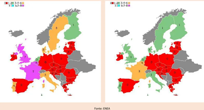 Figura 1.2. Numero totale di misure incentivanti a livello fiscale adottate in ciascuno stato e comprendenti i settori  residenziale e/o commerciale e/o pubblica amministrazione  (a sinistra)  e numero totale di misure incentivanti a  livello fiscale adott