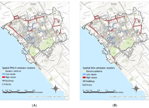 Figure 7. Traffic emission zoning maps of the urban road network obtained by the Hot Spot analysis 