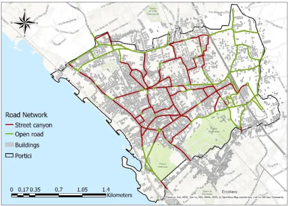 Figure 5. Layer of road network classified on the street canyon and open road conditions