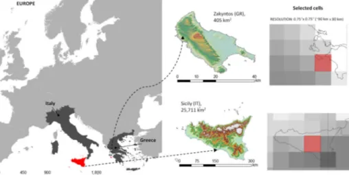 Fig. 3 Case study locations: Zakynthos (Greece) (top) and Sicily (Italy) (bottom). The overlapping with the grid- grid-data of seasonal forecast is showed (on the right)