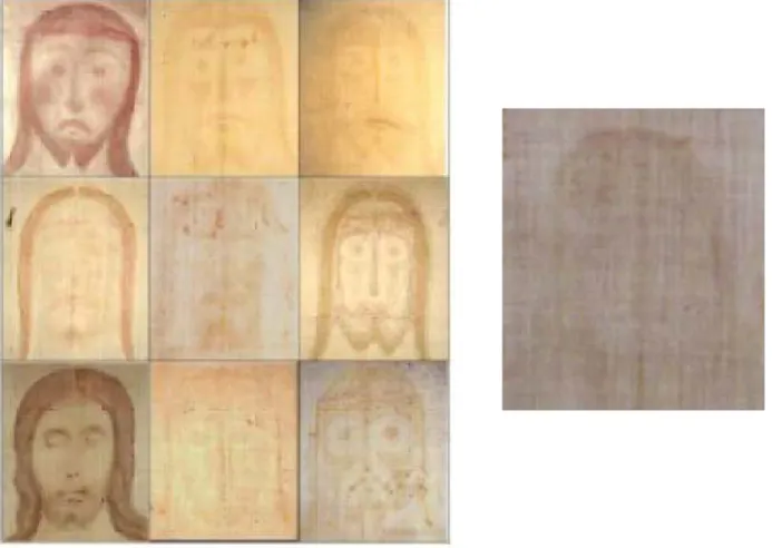 Figura 3. A sinistra: raccolta di otto volti di altrettante copie della Sindone attualmente  conservate in Spagna e Portogallo, confrontate con il volto della Sindone di Torino posta al  centro
