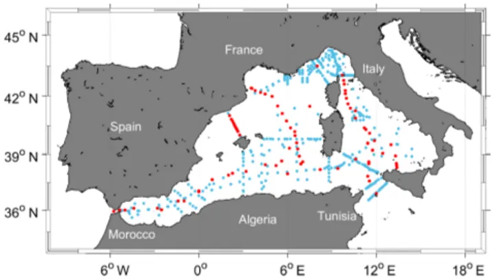 Figure 1. Map of the western Mediterranean Sea showing the bio- bio-geochemical stations (in blue) and the five reference cruise stations (in red).