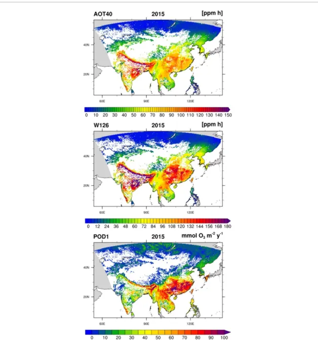 Figure 3. Ozone risk assessment for Asian forests estimated by three metrics (AOT40, W126 and POD1) in 2015