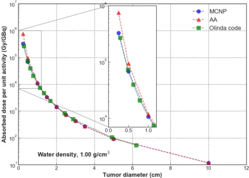 Figure 4. Absorbed dose per unit administered activity (GBq), for ρ = 1.00 g/cm 3 (water density)