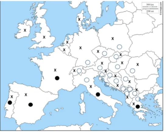 Fig. 2. Geographic distribution of the main maize insect pests in the European Union. Empty circles = Diabrotica virgifera virgifera; Close circles = Sesamia non- non-agroides; X = Ostrinia nubilalis