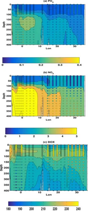 Figure 15c shows that the peak of dissolved oxygen in the Mediterranean Sea simulated by the model follows the DCM shown in Figure 14a, with a progressive increase in its depth moving from west to east