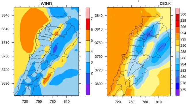 Figure  3  shows  the  annual  average  temperature  (left  panel)  and  wind  speed  (right  panel)  at  the  lowest  model  level  (approx