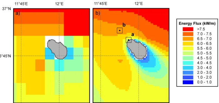 Figura	
  10	
  –	
  Distribuzione	
  dell’energia	
  media	
  intorno	
  all’isola	
  di	
  Pantelleria.	
  Confronto	
  tra	
  il	
  risultato	
   ottenuto	
  con	
  il	
  modello	
  WAM	
  ad	
  1/16°	
  ed	
  ad	
  1/120°.	
  Con	
  (a)	
  e	
  (b)	
  