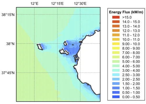 Figura	
  13	
  –	
  Distribuzione	
  dell’energia	
  media	
  per	
  la	
  costa	
  nord-­‐occidentale	
  della	
  Sicilia.	
  Risultato	
  ottenuto	
   con	
  il	
  modello	
  SWAN	
  alla	
  risoluzione	
  di	
  1/120°.	
  Media	
  calcolata	
  per	
  i