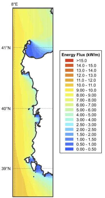 Figura	
  14	
  -­‐	
  Distribuzione	
  dell’energia	
  media	
  per	
  la	
  zona	
  occidentale	
  della	
  Sardegna.	
  Risultato	
  ottenuto	
  con	
  il	
   modello	
  SWAN	
  alla	
  risoluzione	
  di	
  1/120°.	
  Media	
  calcolata	
  per	
  il	
  
