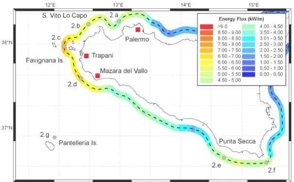 Figura	
  3	
  –	
  Distribuzione	
  della	
  potenza	
  media	
  lungo	
  la	
  costa	
  ovest	
  della	
  Sicilia.	
  Valori	
  calcolati	
  alla	
  distanza	
  di	
   12	
  km	
  dalla	
  costa.	
  Sono	
  riportate	
  con	
  il	
  numero	
  e	
  la	
  