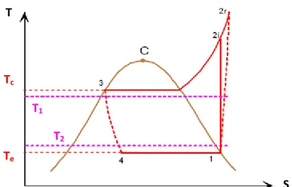 Figura 1-2 – Ciclo frigorifero standard a compressione di vapore nel piano T-S con compressione reale  