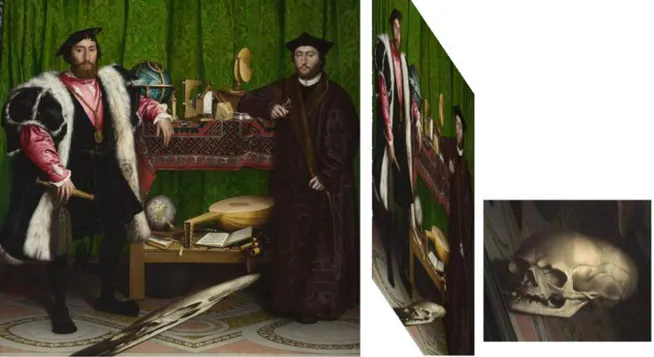Figura 2. A sinistra, “Gli ambasciatori” di Hans Holbein il Giovane (National Gallery,  Londra)