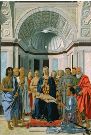 Figura 1. La Pala di Brera, di Piero della Francesca (Pinacoteca di Brera, Milano). L’uovo  in alto diventa una sfera se osservato in modo radente dal lato basso della Pala
