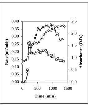 Figure 5 – Batch fermentation in growth sustaining conditions. 500 ml of NB 3x have been                   inoculated and bacteria have been grown aerobically until the exponential phase