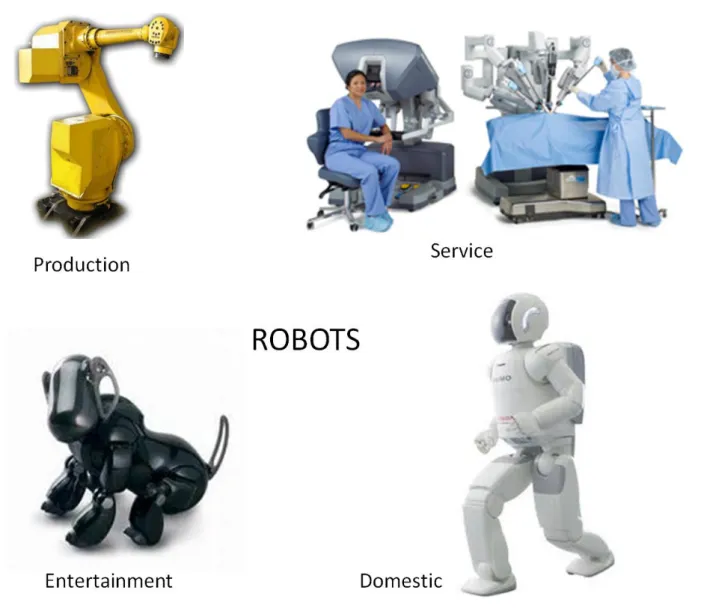 Fig. 1 - Example of different robot types: production, service, entertainment and domestic robots 