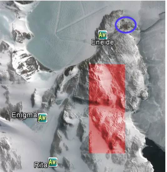 Figura 4. Ubicazione delle stazioni meteo. La zona rossa identifica la superficie individuata per la pista