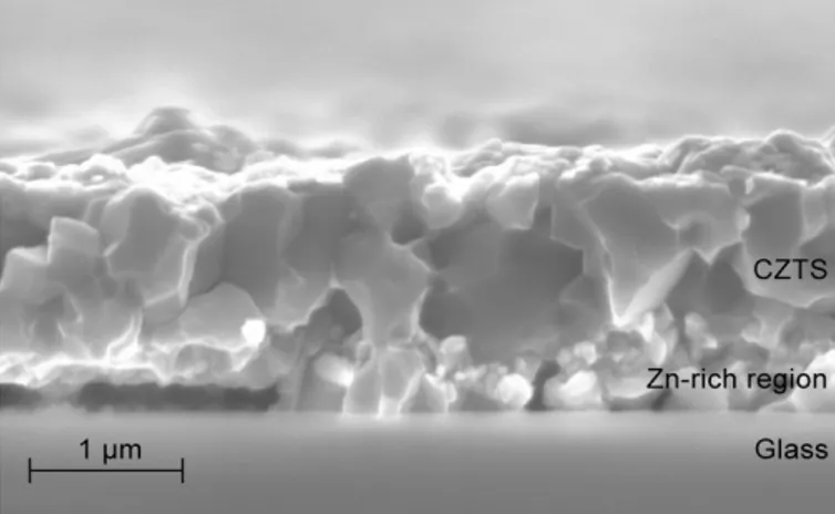 Figura 5. Immagine SEM di un film di CZTS. All’interfaccia con il substrato è possibile osservare una zona con grani  mediamente più piccoli rispetto al resto del film, probabilmente legata a effetti di segregazione di fasi