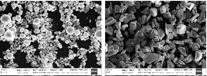 Figura 6: Immagine SEM della polvere di AlSi12 (SX) e della polvere di SiC (DX) utilizzata per la realizzazione dei  campioni 