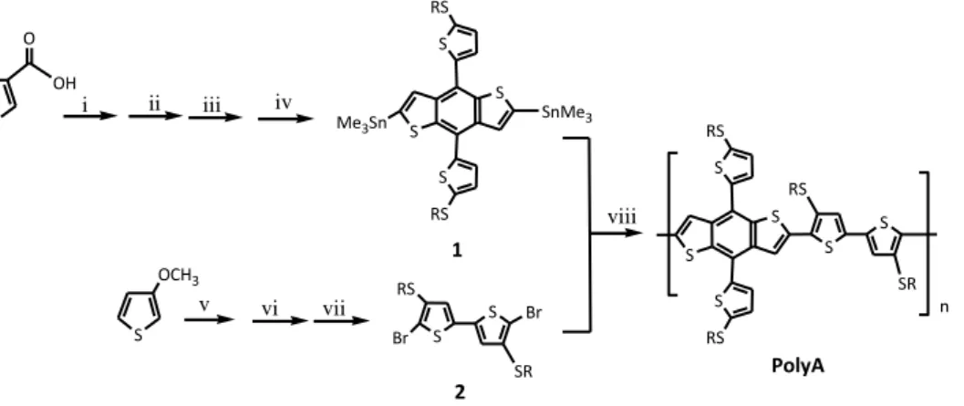 Figura 2  Cammino sintetico seguito per l'ottenimento di PolyA. i) DCC, DMAP, NMe2HCl ii) n-BuLi, THF 30' RT iii) n- n-BuLi, 2-ottilsulfaniltiofene iv) n-n-BuLi, TMSnCl v) ottantiolo, p-TosOH, toluene vi) NBS vii) AgNO 3 /KF PdCl 2 (PhCN) 2  DMSO 
