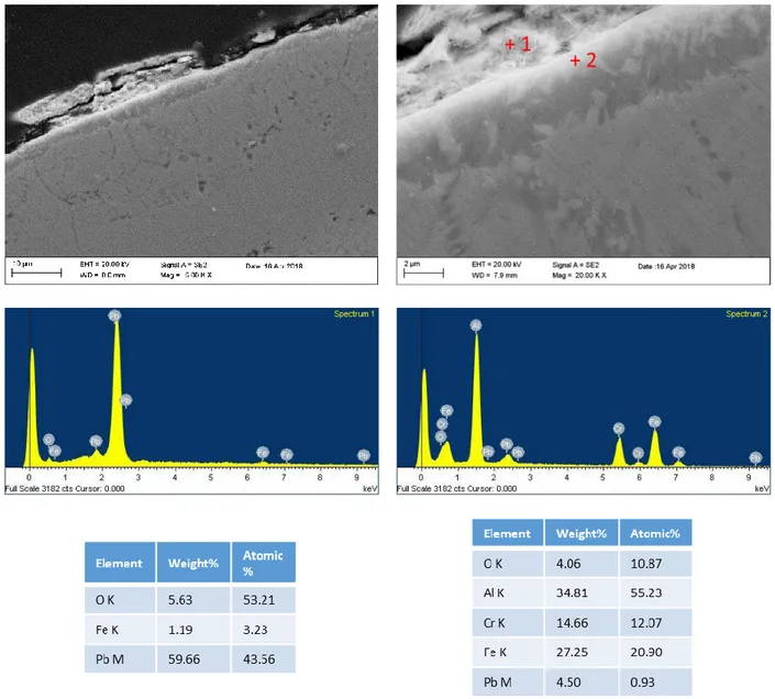 Fig. 23 Micrografia SEM diffusion coating e scaglia  di piombo, spettro EDX 1 