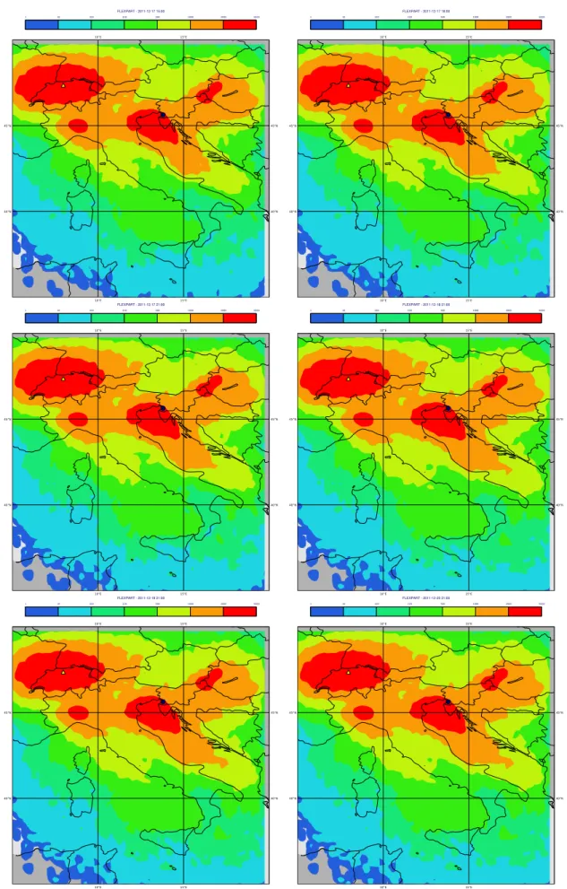 Figure 3.3: Deposited Cs-137 in Bq/m 2 at different times using FLEXPART. From