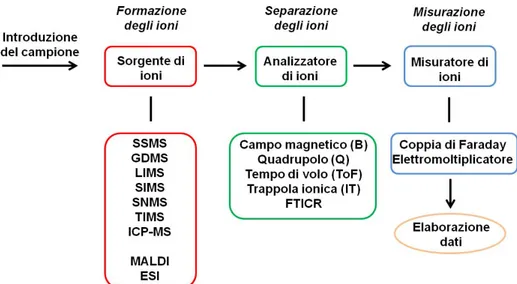 Figura  4.  Diagramma di base delle varie fasi della tecnica della spettrometria di massa:  introduzione nella sorgente di ioni, generazione di ioni, separazione degli ioni prodotti in base al  loro rapporto massa/carica e misura degli ioni nel rivelatore