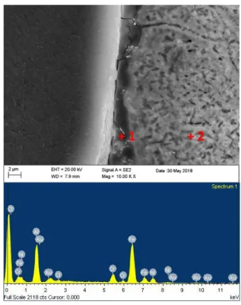 Fig.  29  Micrografia  SEM  diffusion  coating  dopo  etching e spettro EDX 1 
