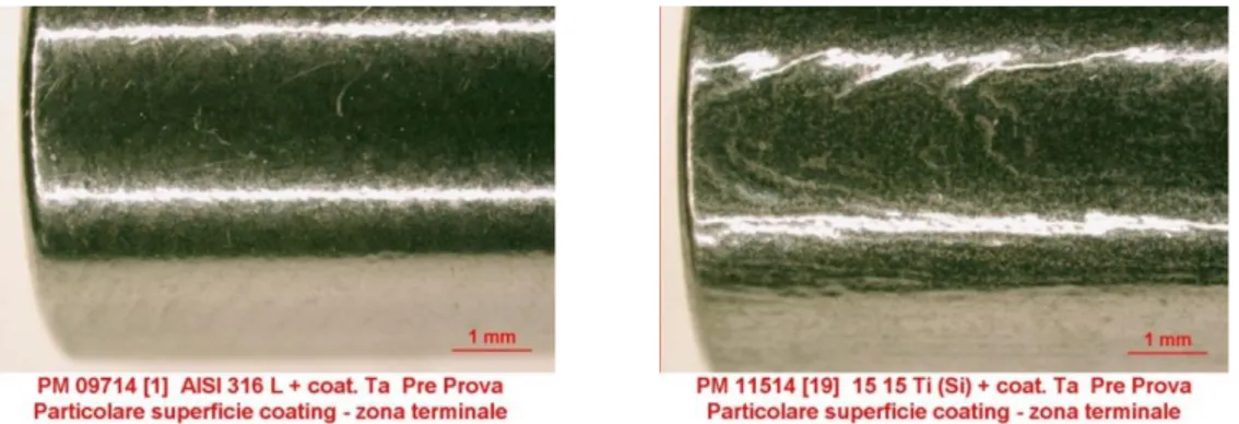 Figura 5: Immagini al microscopio ottico di un campione di 316L (sinistra) e un campione di 15- 15-15Ti(Si) (destra) entrambi ricoperti con Ta