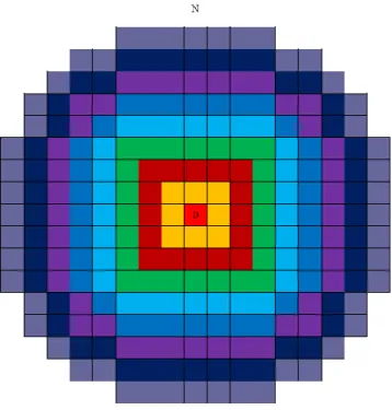 Figure 9: PWR 3–D Problem showing Position of Assembly with Local Detector and First  Radial Core Subdivision for Variance Reduction 