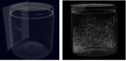 Figure 12. Computed tomography scans of a superheated emulsion of C-318 after an irradiation with 1  gray of 6 MV X-rays (left) and after an irradiation with 250 mrem of Am-Be neutrons (right) 