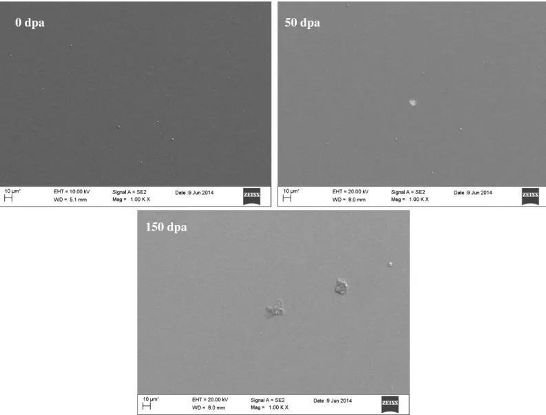 Fig.  6  Micrografie  SEM  della  superficie  dei  rivestimenti  PLD  di  Al 2 O 3   (0,  50  e  150  dpa)
