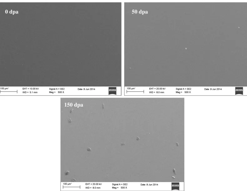 Fig.  5  Micrografie  SEM  della  superficie  dei  rivestimenti  PLD  di  Al 2 O 3   (0,  50  e  150  dpa)