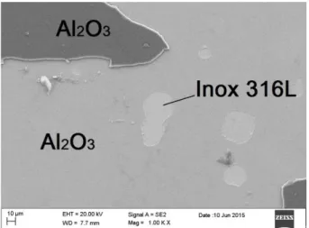 Fig. 4 Micrografia SEM della superficie del campione 5 µm Al2O3/ 500 nm FeCrAlY/ 316 dopo  irraggiamento a 15 DPA a RT 