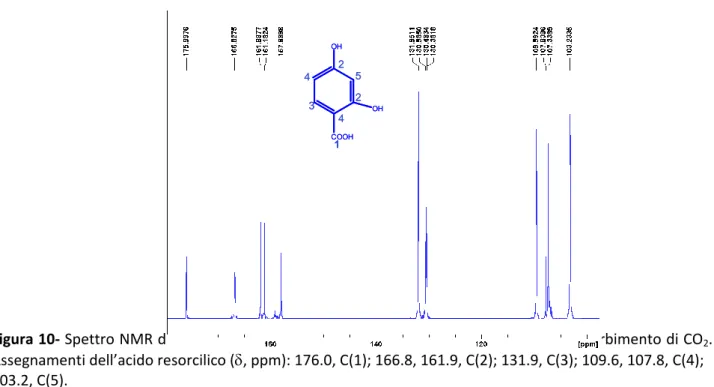 Figura 10- Spettro NMR di  13 C della soluzione K 2 CO 3 /Resorcinolo 1.5/1 dopo 3 ore di assorbimento di CO 2 