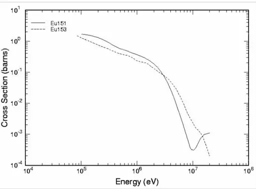 Figura 20 - Sezioni d'urto di cattura radiativa per gli isotopi naturali dell’europio (ENDF/B- (ENDF/B-VII library)