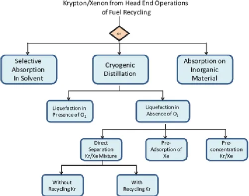Figura 3. Tecnologie di separazione Krypton/Xenon da impianti di riprocessamento/riciclo 