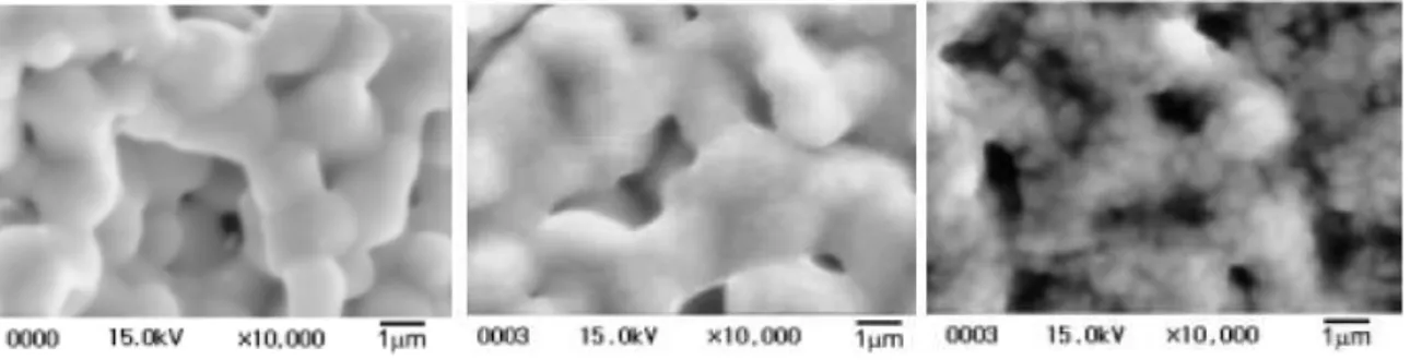 Figura 4. Fotografie al microscopio elettronico di fibre di yttria prima (a sinistra), dopo  intrappolamento a 950°C (nel centro), e dopo intrap polamento a 1100°C (a destra) di ossidi 