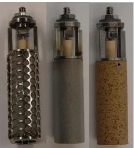 Figura 4. Cestelli catodici in acciaio (a sinistra),     acciaio  sinterizzato  (al  centro)  e  magnesia     porosa  (a destra) 