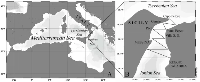 Figura 1: Mediterraneo occidentale con zoom nell’area dello stretto di Messina 