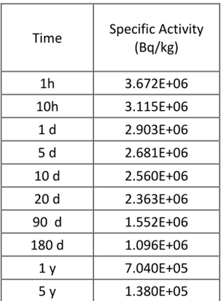 Table 2 – Specific activity for neutron activation without tritium contribute. 