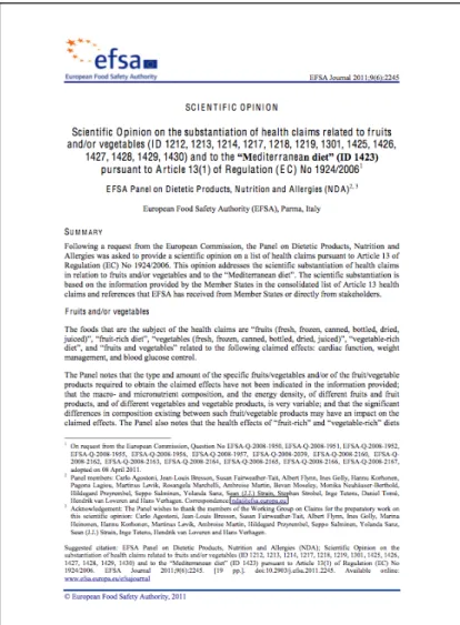 Fig.  6:  Parere  dell’EFSA  relativo  alla  richiesta  di  un  health  claim per la dieta Mediterranea 