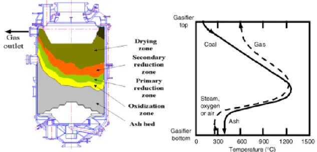 Figura 21. Divisione in 5 zone del reattore a letto fisso nel processo di gassificazione Sasol-Lurgi (Van Dyk et al.,  2006) 