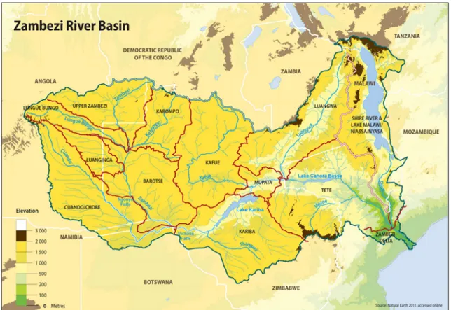 Fig. 2 – Il bacino dello Zambesi, suddiviso nei suoi principali sottobacini (adattato da: GRID-Arendal)