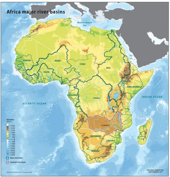 Fig. 1 –Inquadramento geografico del bacino dello Zambesi e confronto con i principali bacini del  continente africano (fonte: GRID-Arendal)