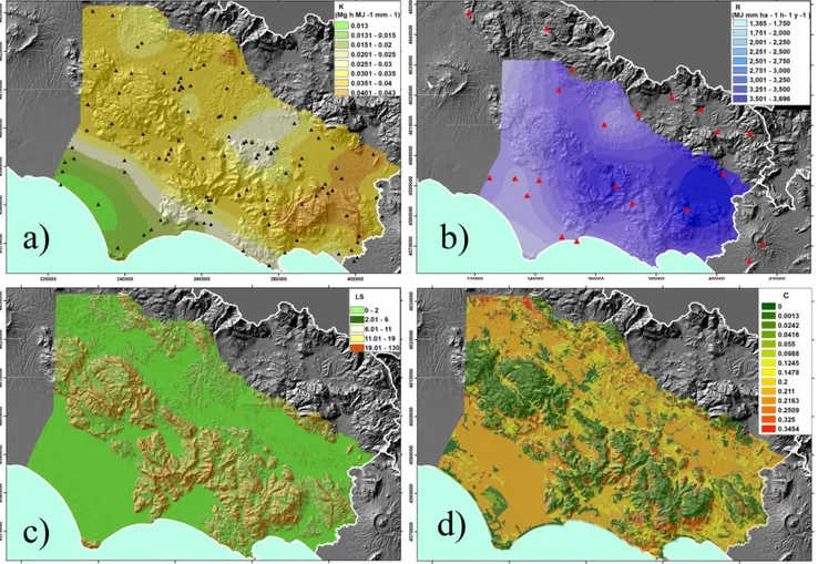 Figure  3.  Modeled  patterns  for  RUSLE  factors:  a)  soil  erodibility  K  (black  triangles:  soil  sampling  locations); b) rainfall erosivity R (red triangles: rainfall gauging stations); c) topographic factor LS; d) cover  management C 