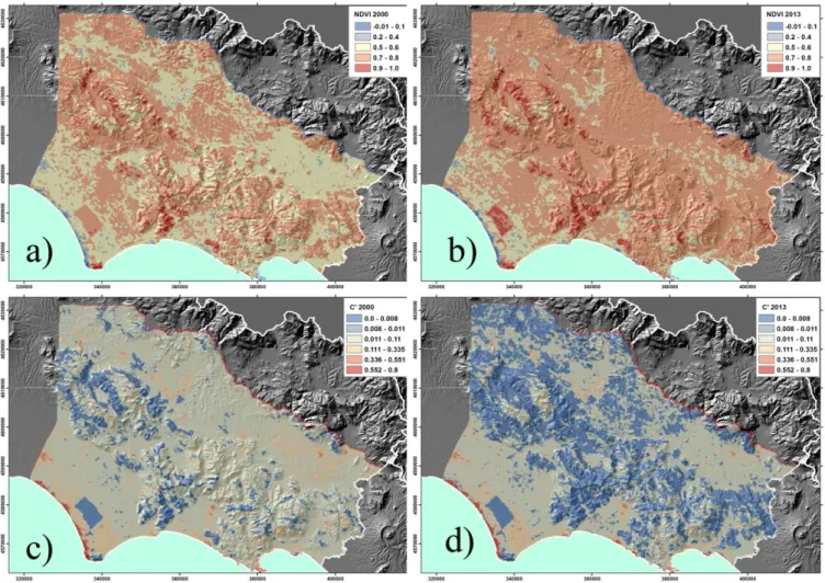 Figure 5.  NDVI and derived land cover management factor (C') maps: (a,c) year 2000; (b,d) year 2013  